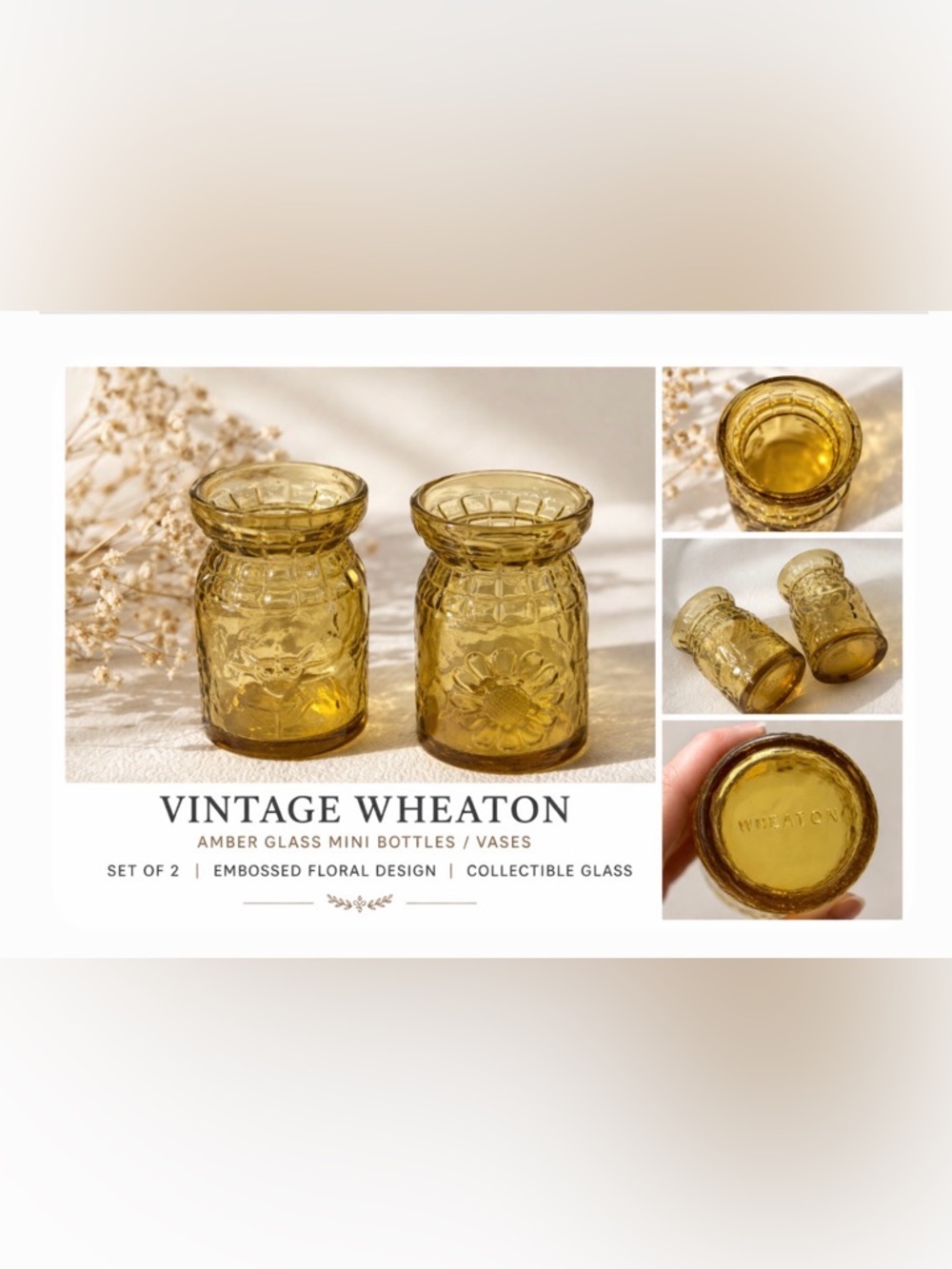 Wheaton Amber Embossed Glass Mini Vases - Set of 2
